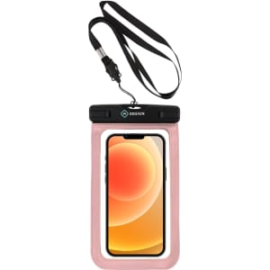 A waterproof phone bag in pink, featuring a black top with a logo and a lanyard for easy carrying.