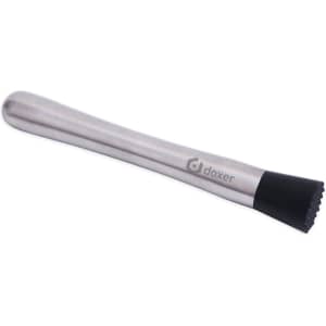 A stainless steel cocktail muddler with a black rubber end, featuring a logo. Ideal for home bar use.