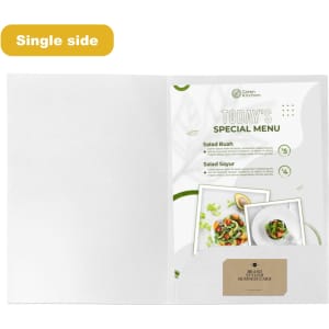 A4 full colour presentation folder with a white exterior, featuring a logo and a menu insert with food images inside.