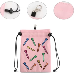 A pink pouch featuring colourful golf tees, drawstring closure, and a clip. It has a logo and stitching detail.
