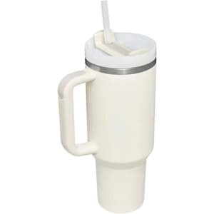 A drink bottle in white stainless steel with a lid, straw, and a handle. It includes a logo on the surface.