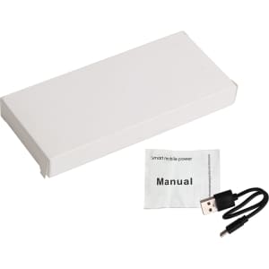 A white box containing a USB cable and a manual for a bamboo wireless power bank.