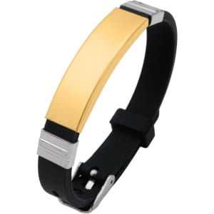 A metal bracelet with a shiny gold centrepiece and a black silicone band, featuring silver accents.