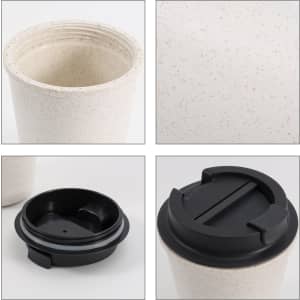 A drink bottle featuring a double wall design in beige with a black lid. Includes an interior view and lid detail.