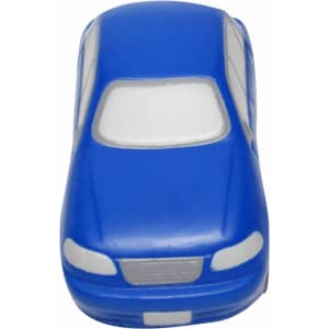 A blue sedan car-shaped stress reliever with a smooth finish and white accents. It also has branding.