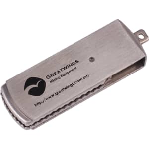 A metal rectangular swivel flash drive in silver with a logo. It features a swivel mechanism for easy access.