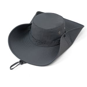 A wide brim sun hat in black with a textured finish and a flared brim. It has a circular crown and a logo.