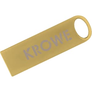 A gold flash drive with a keyring hole and a logo on its surface.