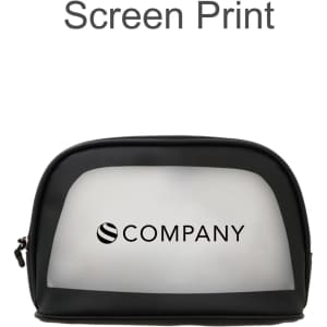 A waterproof transparent cosmetic bag with a black and clear design, featuring a logo on the front.