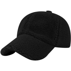 A black lamb fur baseball cap with a curved brim and adjustable strap at the back, featuring a logo.