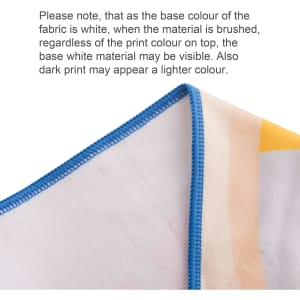 A microfibre beach towel in vibrant prints, featuring a blue stitched edge. Base fabric is white.