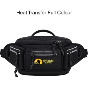 A black expandable bum bag with multiple zip pockets and a logo. Features adjustable straps for a custom fit.
