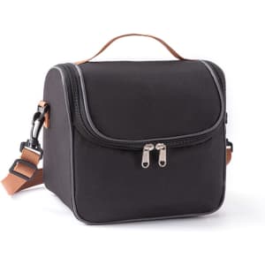 A black lunch bag with a handle and adjustable strap, featuring a zippered opening and a sturdy design.