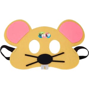 A yellow felt mask shaped like a mouse with pink ears and a black nose, featuring a logo.