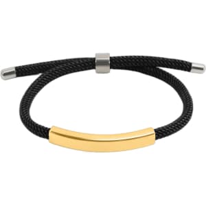 A woven bracelet featuring a black strap and a gold metal centrepiece, with silver accents on the ends.