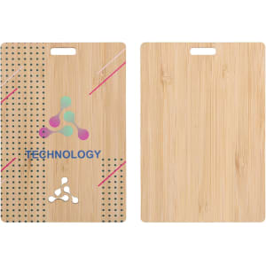 A bamboo name tag featuring a colourful design on one side, with a plain bamboo surface on the reverse.
