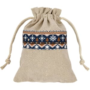 A cotton linen drawstring bag in natural beige with a decorative blue and brown patchwork design.