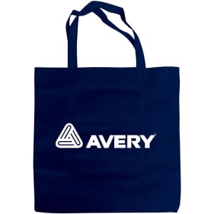 A navy non-woven foldable bag with two handles and a logo on the front.
