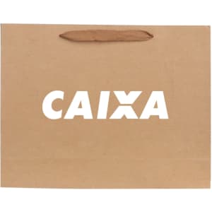 A large brown paper bag with fabric flat handles and a logo on the front.