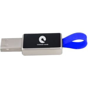 A silver flash drive with a blue looped attachment and a logo on the front.