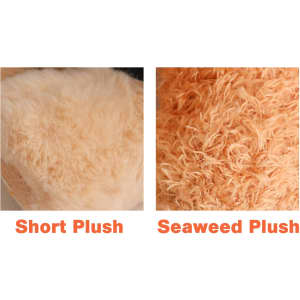 Close-up of two plush textures: one short plush and one seaweed plush, both in soft shades of orange.