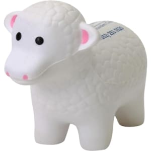 A white sheep-shaped stress reliever with black eyes and pink ears, featuring a textured surface.