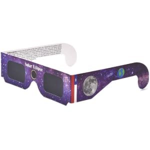 Custom solar eclipse glasses with a purple galaxy design, featuring black lenses and a logo on the side.