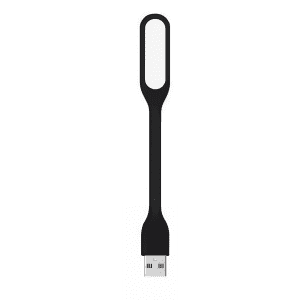 A flexible black USB light with a slim design, featuring a rounded end for easy attachment.