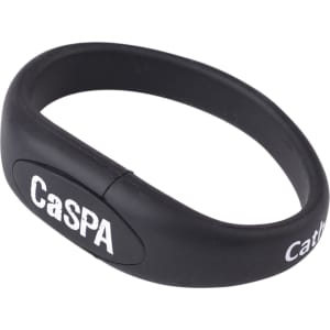 Oval black silicone wristband flash drive with a logo and smooth finish.
