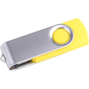 A yellow and silver Belton swivel flash drive with a clip design and a branding logo.