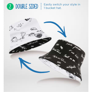 A double-sided bucket hat featuring black and white designs on either side, with a logo present.