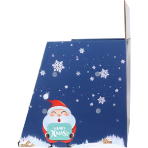 A three-tier counter display in blue, featuring a festive Santa Claus design and snowflake accents.