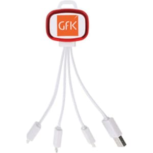 A white LED charging cable with multiple connectors, featuring a red accent and a logo.
