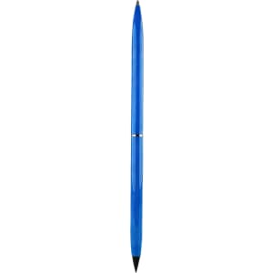 A double-ended pencil and ballpoint pen in vibrant blue, featuring a sleek design and a branding logo.