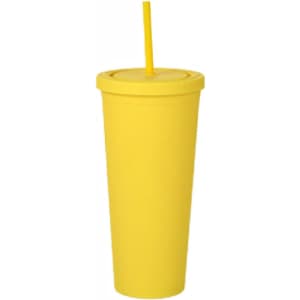 A drink bottle in bright yellow, featuring a lid and a straw, designed for plastic wear.