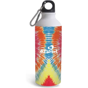 A drink bottle featuring a vibrant tie-dye pattern in red, blue, yellow, and orange, with a logo on the front.