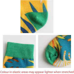 Colourful digital printed socks featuring green and yellow tropical designs, with elastic areas that may appear lighter when stretched.