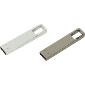 A set of two metallic flash drives in silver and grey, featuring a sleek design and attached loops.