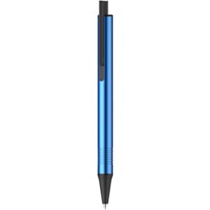 A blue pen with a sleek design and a black tip, featuring a clip and textured grip. It has branding on the body.