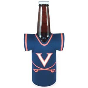 A drink bottle wrapped in a navy blue cooler designed like a jersey, featuring a logo on the front.