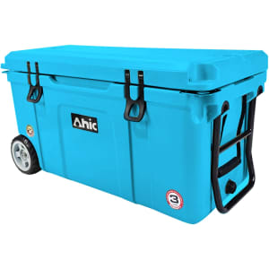 A bright blue 75L cooler box with wheels and a black handle, featuring a logo on the front.
