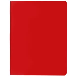 A red PU sticky notes memo holder with a smooth surface, ideal for office organisation. Includes a logo on the front.