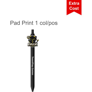 A black acrylic pen with a character logo on top and a branding element on the barrel.