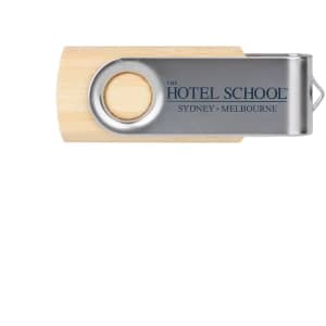 A metal swivel wooden flash drive featuring a silver metal section and a natural wood finish, with a logo.