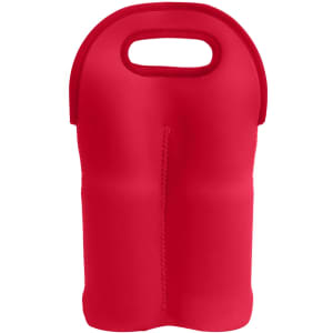 A red neoprene double beer bottle carrier with a handle, featuring a sleek design and an integrated logo.