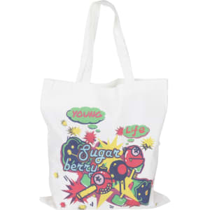 A white cotton bag featuring colourful graphics, including playful text and a logo. It has short handles for easy carrying.