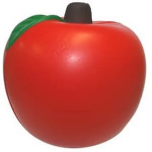 A red apple-shaped stress reliever with a green leaf and black stem. It features a logo.