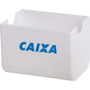 A white travel adapter with a logo, features multiple plug types for global compatibility.