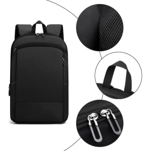 A black expandable laptop backpack with ergonomic straps, textured fabric, and zippered pockets. Features a logo.