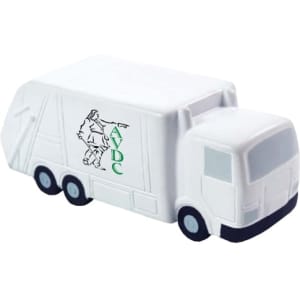 A white garbage truck-shaped stress reliever with a logo on the side. Ideal for fun and relaxation.